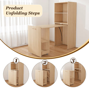 English Elm Stretchable expandable office desk with magnetic fold, lockable casters, adjustable shelves for storage and space-saving Natural Wood W509P355681