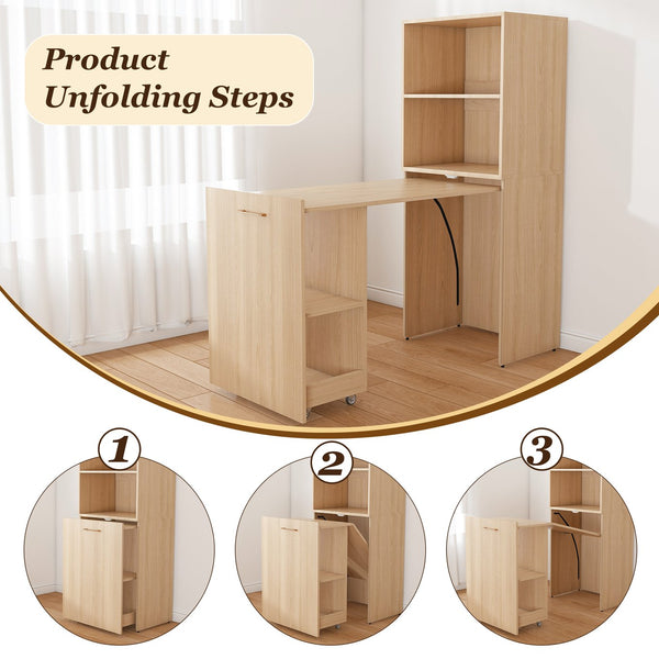 English Elm Stretchable expandable office desk with magnetic fold, lockable casters, adjustable shelves for storage and space-saving Natural Wood W509P355681