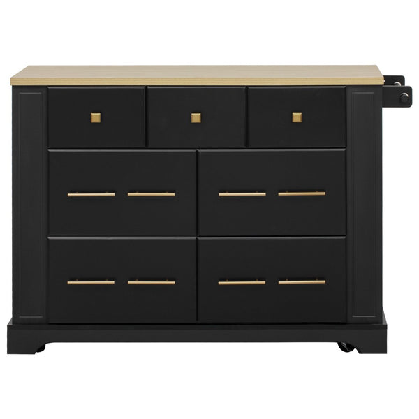 English Elm K&k Rolling Kitchen Island Six Drawers Drop Leaf Built-in Charging Vintage Style Black N707S307292B