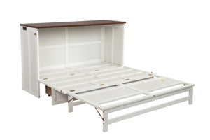English Elm Murphy Cabinet Queen Bed Solid Pine Frame with Built-in Charging Station for Guest Rooms White+Walnut W504S00193