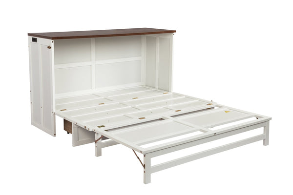 English Elm Murphy Cabinet Queen Bed Solid Pine Frame with Built-in Charging Station for Guest Rooms White+Walnut W504S00193