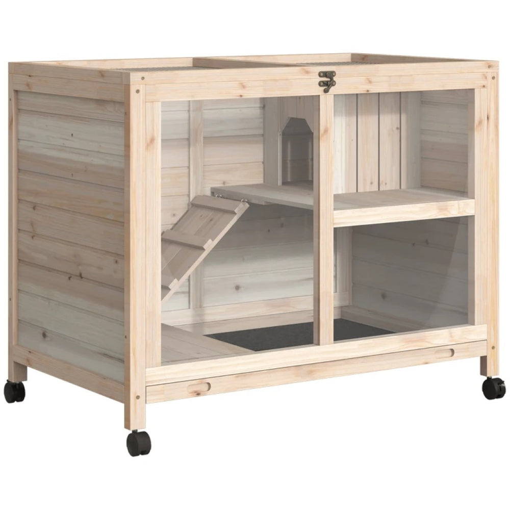 English Elm Bunny Hutch Two Story Fir Wood Pet House with Plexiglass Panel and Rolling Wheels T3971P436217