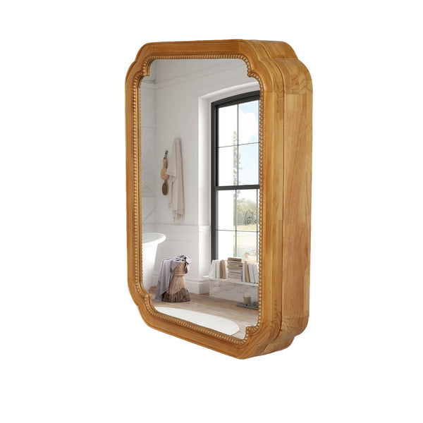 English Elm 31.5" Wood Framed Mirror Cabinet with Beaded Trim Shelves Brown – Wall-Mounted Medicine Storage, Rustic-Chic Bath Organizer W2295P365041