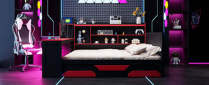 English Elm Queen Gaming Bed Frame with Desk Led Lighting Storage Drawers and Bookcase Headboard Black+Red LP000290AAJ