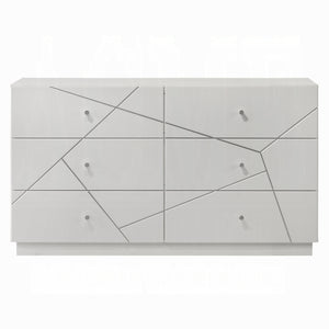 English Elm Ultra Modern white and silver 6-drawer dresser with embossed lines, smooth metal glides, luxe knobs Glossy White 66 L x 22 W x 40 H B2741P408966