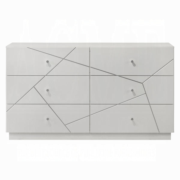 English Elm Ultra Modern white and silver 6-drawer dresser with embossed lines, smooth metal glides, luxe knobs Glossy White 66 L x 22 W x 40 H B2741P408966