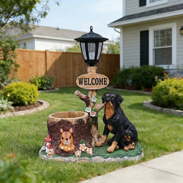 English Elm Rottweiler Mother and Puppy Sculptural Garden Planter Weatherproof Outdoor Accent W5398P464249