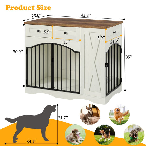 English Elm Go Farmhouse Wooden Dog Crate End Table with 3 Drawers and Built-in Pet Feeder N704P371282D