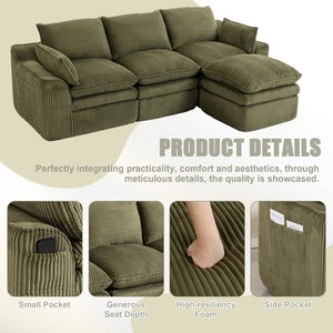 English Elm L Shaped Corduroy Modular Sectional with Cloud Cushions Footstool and Lumbar Pillows Emerald W395S00139