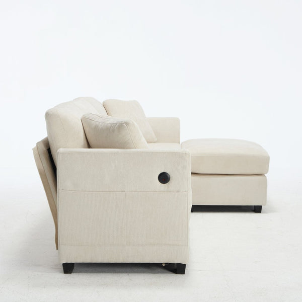 English Elm Modern Chenille L-shaped Sectional with Usb Charging Ottoman Storage Living Room Couch Beige W2120S00016