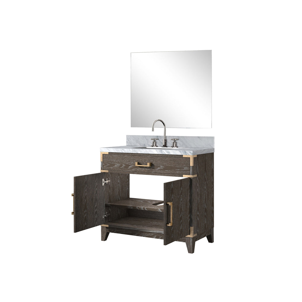 English Elm Brown Oak Single Bath Vanity 36" W with Carrara Marble Top, Chrome Gooseneck Faucet & 34" Mirror Set B2731S02008