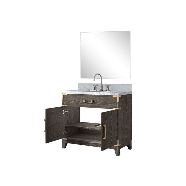 English Elm Brown Oak Single Bath Vanity 36" W with Carrara Marble Top, Chrome Gooseneck Faucet & 34" Mirror Set B2731S02008