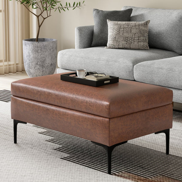 English Elm Rebecca Rectangular Storage Ottoman Coffee Table with Lift-Up Lid, Faux Leather, Spacious Seat Brown B136P364277