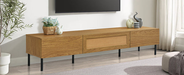 English Elm Boho Rattan TV Stand 80" Capacity, Modern Farmhouse Media Console with Metal Legs & Storage Drawers N710P206387Q