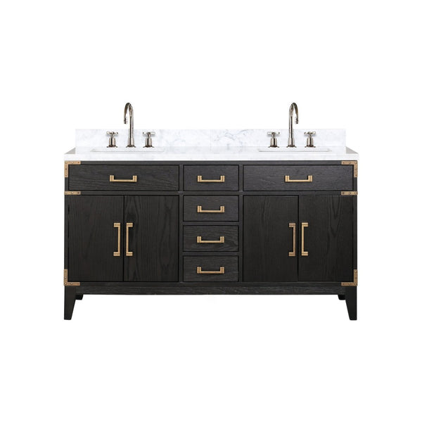 English Elm Black Oak Double Bathroom Vanity Solid Wood Frame with Genuine Carrara Marble Top B2731P260939