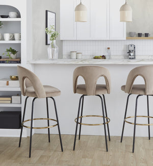 English Elm Fixed-height Swivel Barstools with Gold Footrest Black Frame White Upholstery Set Taupe B202S01885