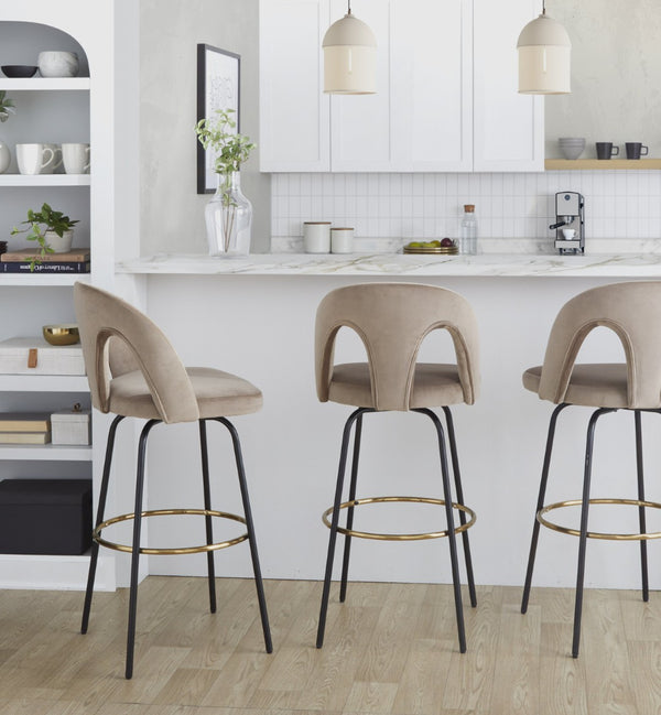 English Elm Fixed-height Swivel Barstools with Gold Footrest Black Frame White Upholstery Set Taupe B202S01885