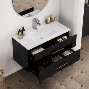 English Elm 36-Inch Modern Wall-Mounted Bathroom Vanity With Gold Handle & Integrated Sink For Stylish Storage W3151S00056