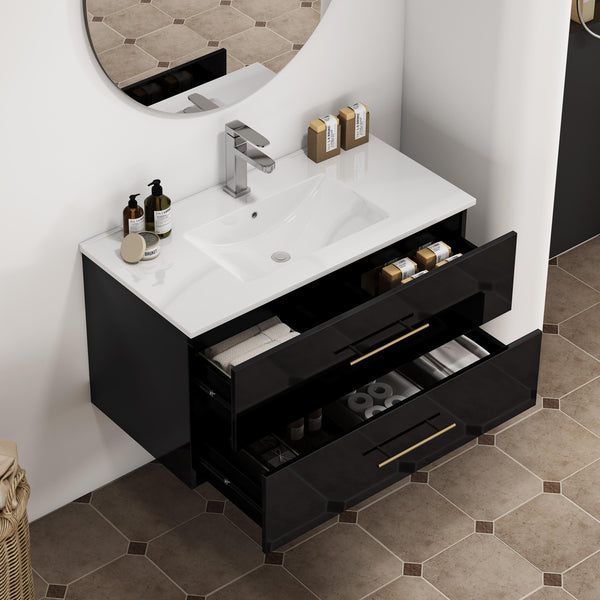 English Elm 36-Inch Modern Wall-Mounted Bathroom Vanity With Gold Handle & Integrated Sink For Stylish Storage W3151S00056