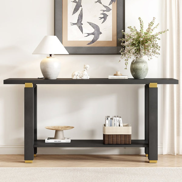 English Elm U_Style 62.9" Modern Minimalist Console Table With Solid Wood & Metal Accents, Ideal For Entryways N711P289140B-GIGA