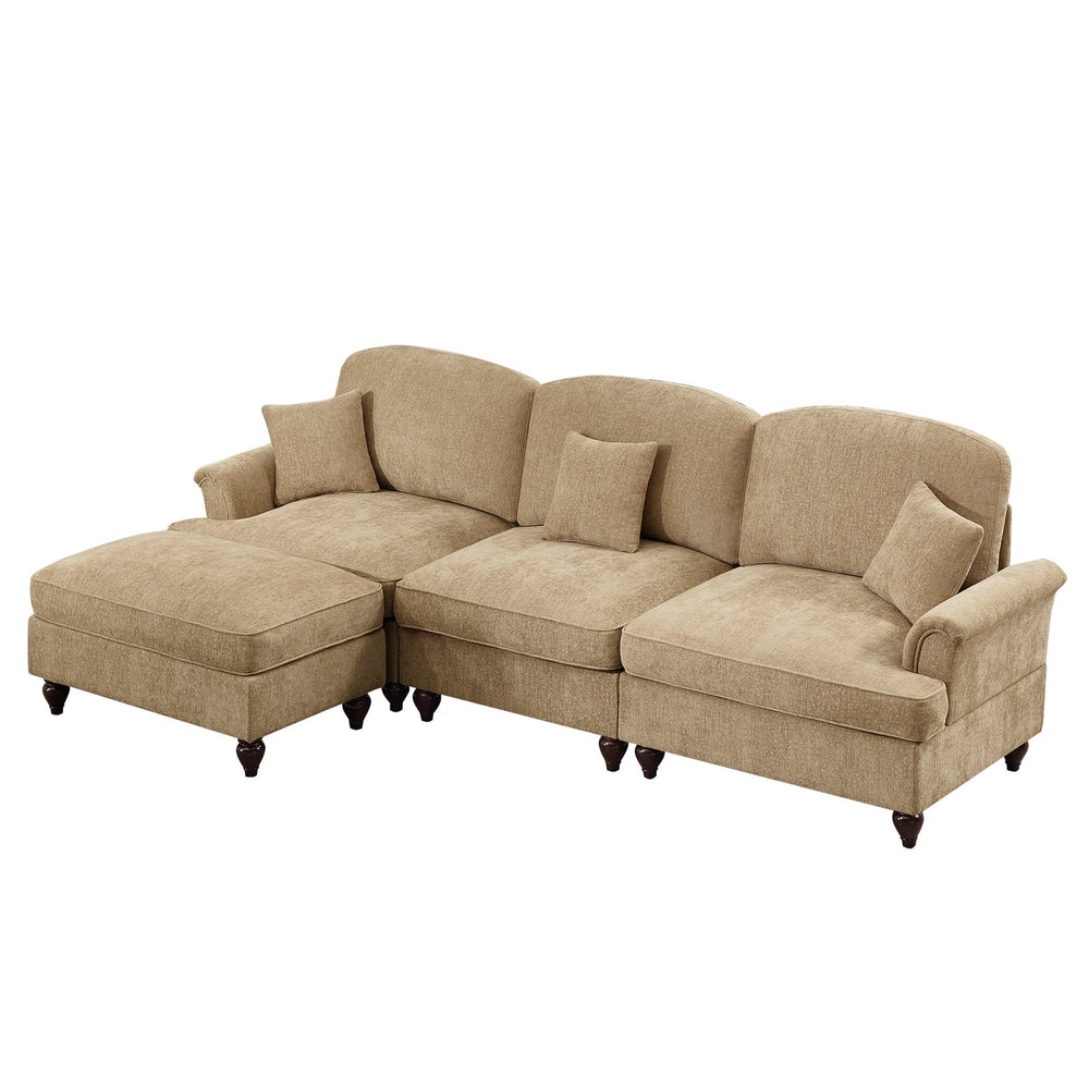 English Elm Mid Century three-seater modular L-shaped sectional sofa with removable ruffle skirts, chenille comfort and spindle legs — versatile, elegant seating solution Light Coffee W3041S00245
