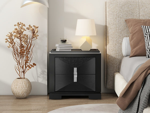 English Elm Mid-century Modern Nightstand with Diamond Geometric Drawers and Heavy Duty Wood Base Black N761P324094B