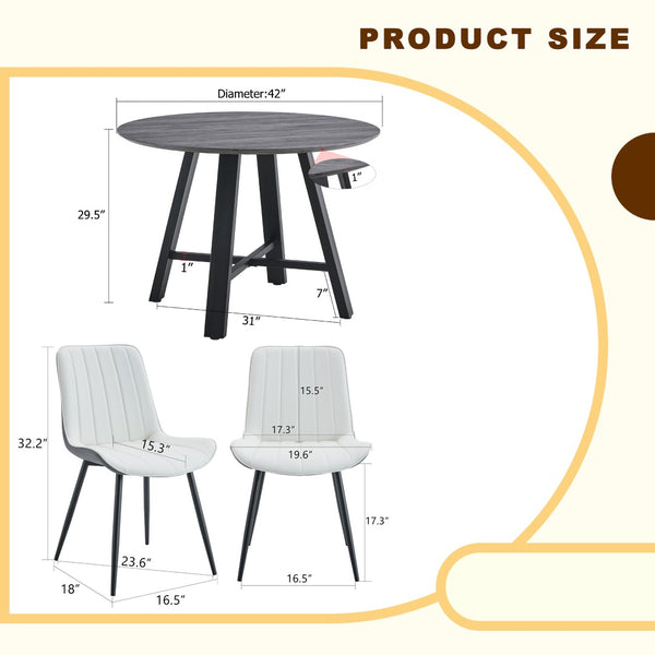 English Elm Table Modern Minimalist 42" Round Dining Set With 4 Ergonomic Pu Leather Chairs In Gray & White W1151S03394-GIGA