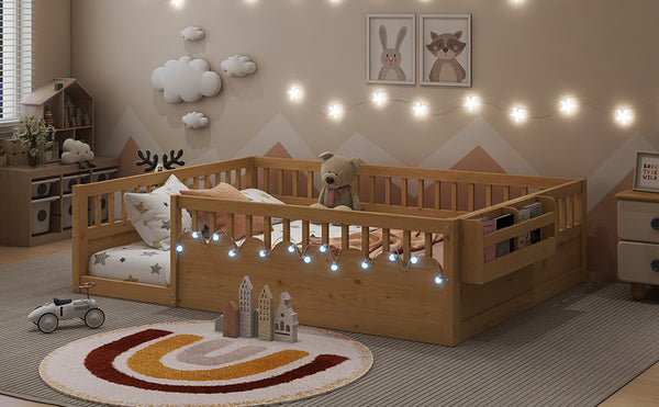 English Elm Full Montessori floor bed offering high rails, built-in light and shelf for safe independent sleep and storage Natural 79.13 L x 13 W x 6.3 H W2593P333587