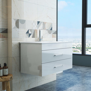 English Elm 36-Inch Modern Wall-Mounted Bathroom Vanity With Soft-Close Drawers & Glossy White Ceramic Sink W3151S00050