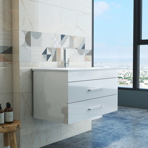 English Elm 36-Inch Modern Wall-Mounted Bathroom Vanity With Soft-Close Drawers & Glossy White Ceramic Sink W3151S00050
