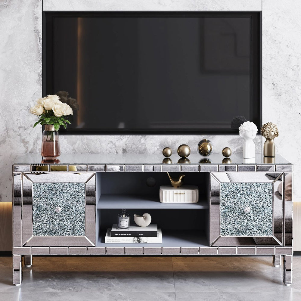 English Elm 60" Mirrored TV Stand with Crushed Diamond Doors, 64" Solid Wood Media Console w/ Open Shelves & Antique Silver Glam Storage W1445P301422