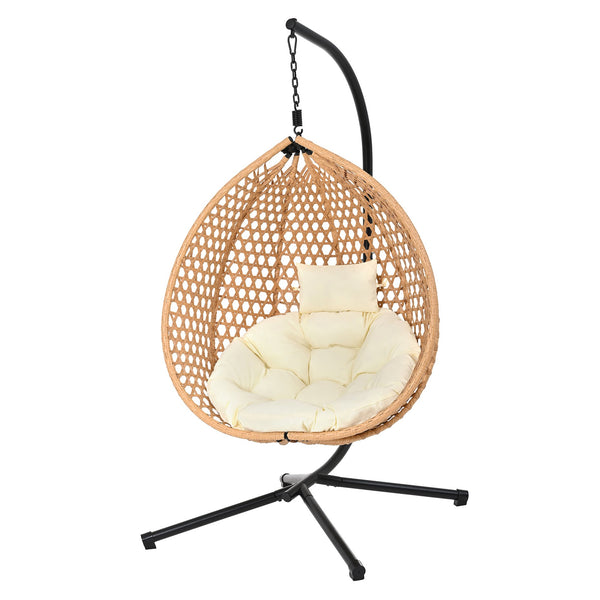English Elm U_STYLE Sturdy Hammock Chair with HDPE Rattan Weave, Rust-Resistant Chain, Soft Removable Cushion Beige,Brown+Yellow N711P255131Q