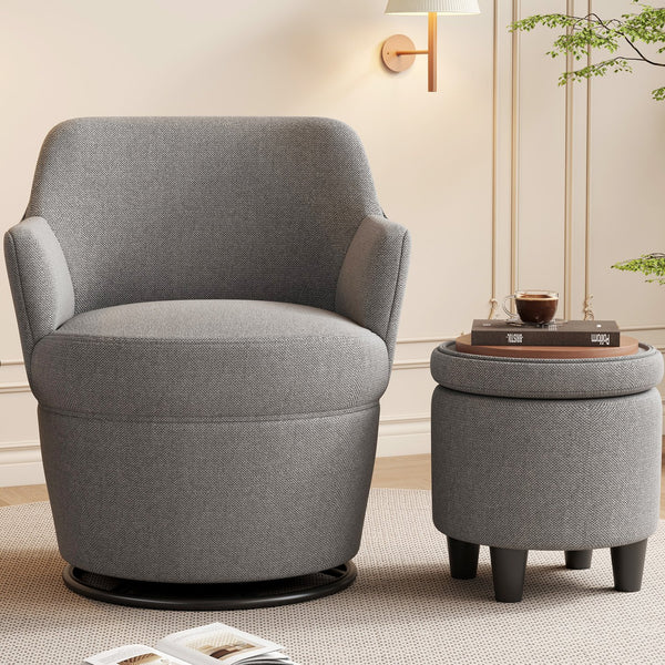 English Elm 360°Swivel Plush Accent Chair with Ottoman, Nail Trim, Storage Tray, Sturdy Metal Base, Cozy Seat Gray W2113P237040