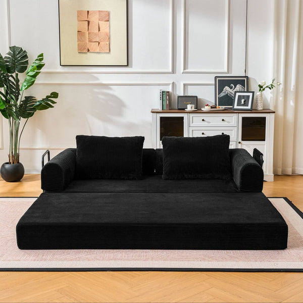 English Elm Convertible Corduroy Sleeper Sofa Foldable Three Seat Couch for Studio or Bedroom Black W3366P447116