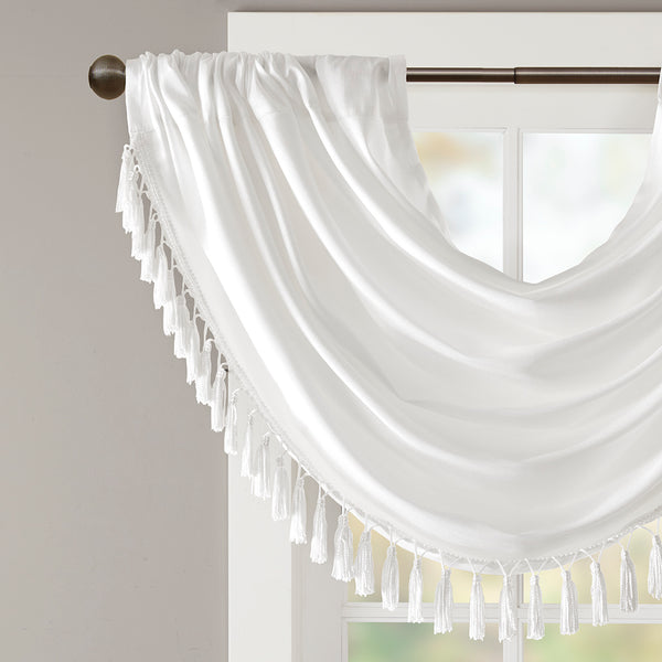 JLA Home Madison Park - Faux Silk Waterfall Valance with Tassel Trim, Lined Rod-Pocket Design for Hotel-Quality Window Styling White MP41-4949