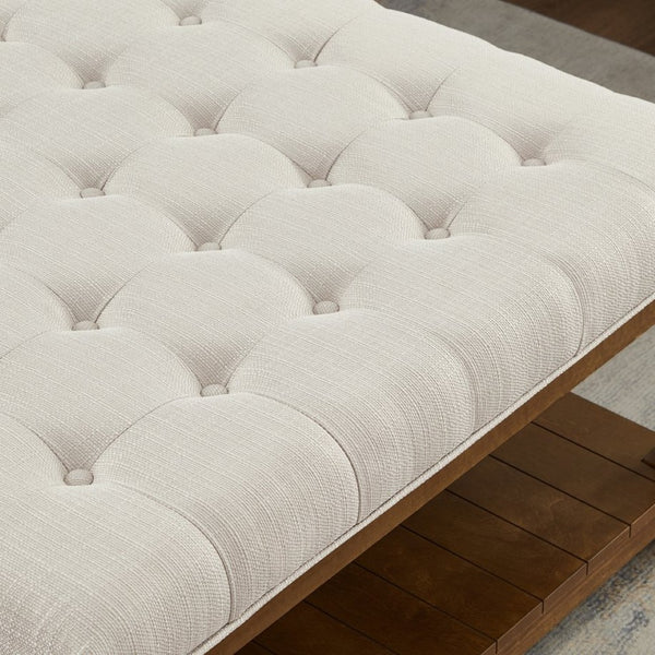 English Elm Large Square Tufted Ottoman with Wood Shelf Upholstered Footrest for Living Room Ivory W2186P204183