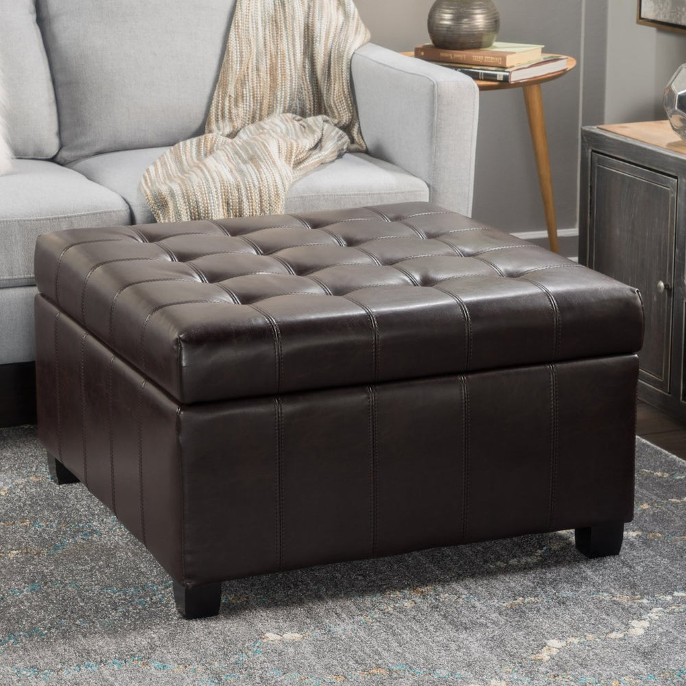 English Elm Upholstered Tufted Pu Leather Ottoman with Hidden Storage for Living Room Seating N757P377356R