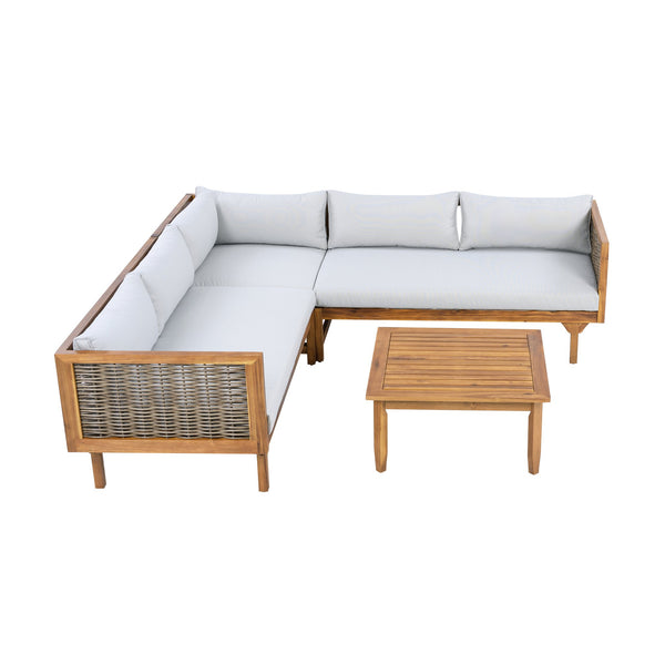English Elm Christopher Knight Home® - SECTIONAL Modern Outdoor Seating Group with Waterproof Cushions, Acacia Wood Frame and Wicker Elegance Brown Mix,Light Gray,Teak N770P278610L_N770P278612L