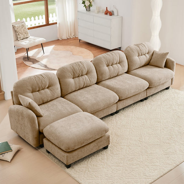 English Elm Modular Sectional L-Shaped Couch With Movable Ottoman, Soft Camel Chenille, Ergonomic Comfort Design W714S01382