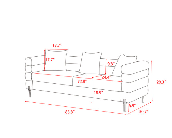 English Elm Luxurious three-seat upholstered sofa with golden legs and plush pillows, modern chic design for living rooms Brown B205S00074