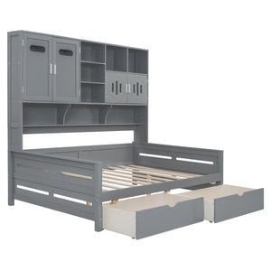 English Elm Full Size Wooden Daybed With Storage Drawers, Integrated Cabinet, And Stylish Gray Finish - Perfect For Any Space! N820S00016E