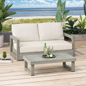 English Elm Christopher Knight Home® - WESTCHESTER Acacia Wood Loveseat and Coffee Table Set with Floor-Chair Design and Water-Resistant Cushions Beige,LIGHT GREY 55.75 L x 32.75 W x 18.6 H N776P301043G