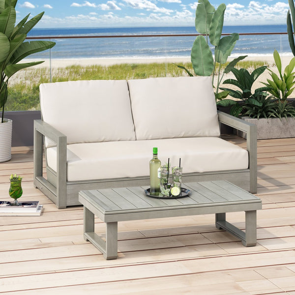 English Elm Christopher Knight Home® - WESTCHESTER Acacia Wood Loveseat and Coffee Table Set with Floor-Chair Design and Water-Resistant Cushions Beige,LIGHT GREY 55.75 L x 32.75 W x 18.6 H N776P301043G