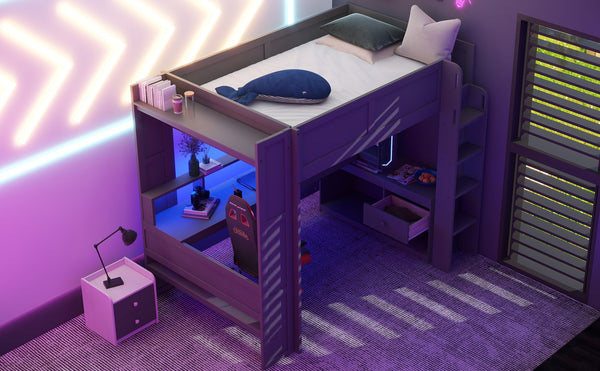 English Elm Wood Full Size Gaming Loft Bed with Desk, LED Lights, USB Charging Ports & Multi Storage Dark Gray SM000374AAE