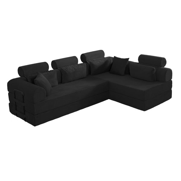 English Elm L Shaped Corduroy Sectional Sofa Converts to Sleeper Bed Space Saving Modular Couch Black W5532S00001