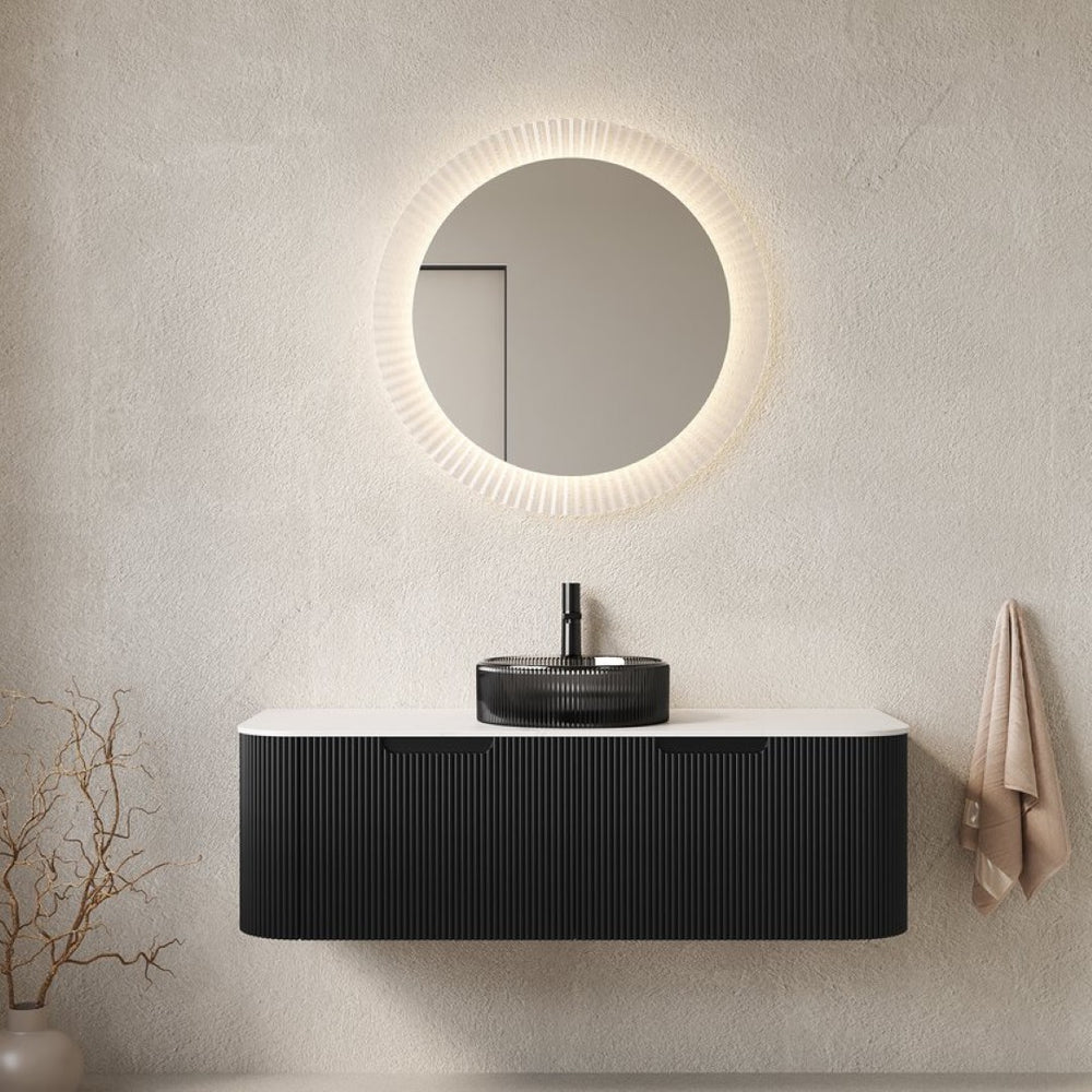 English Elm Dina Floating Bathroom Vanity with Crystal Glass Basin and Sintered Stone Top Black,Carrara White W2615S00248