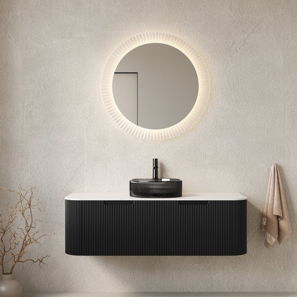 English Elm Dina Floating Bathroom Vanity with Crystal Glass Basin and Sintered Stone Top Black,Carrara White W2615S00248