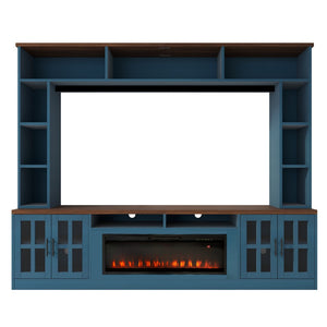 English Elm U-can Modern Farmhouse Wall Unit with Electric Fireplace Bookshelves and Glass Cabinet Doors Navy Blue SJ000153AAN