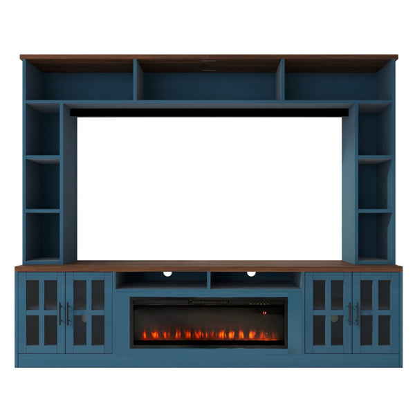 English Elm U-can Modern Farmhouse Wall Unit with Electric Fireplace Bookshelves and Glass Cabinet Doors Navy Blue SJ000153AAN
