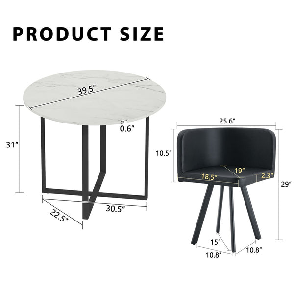 English Elm 5 Piece Round Faux Marble Dining Set with Pu Leather Chairs for Small Apartments Black,White W3875S00086